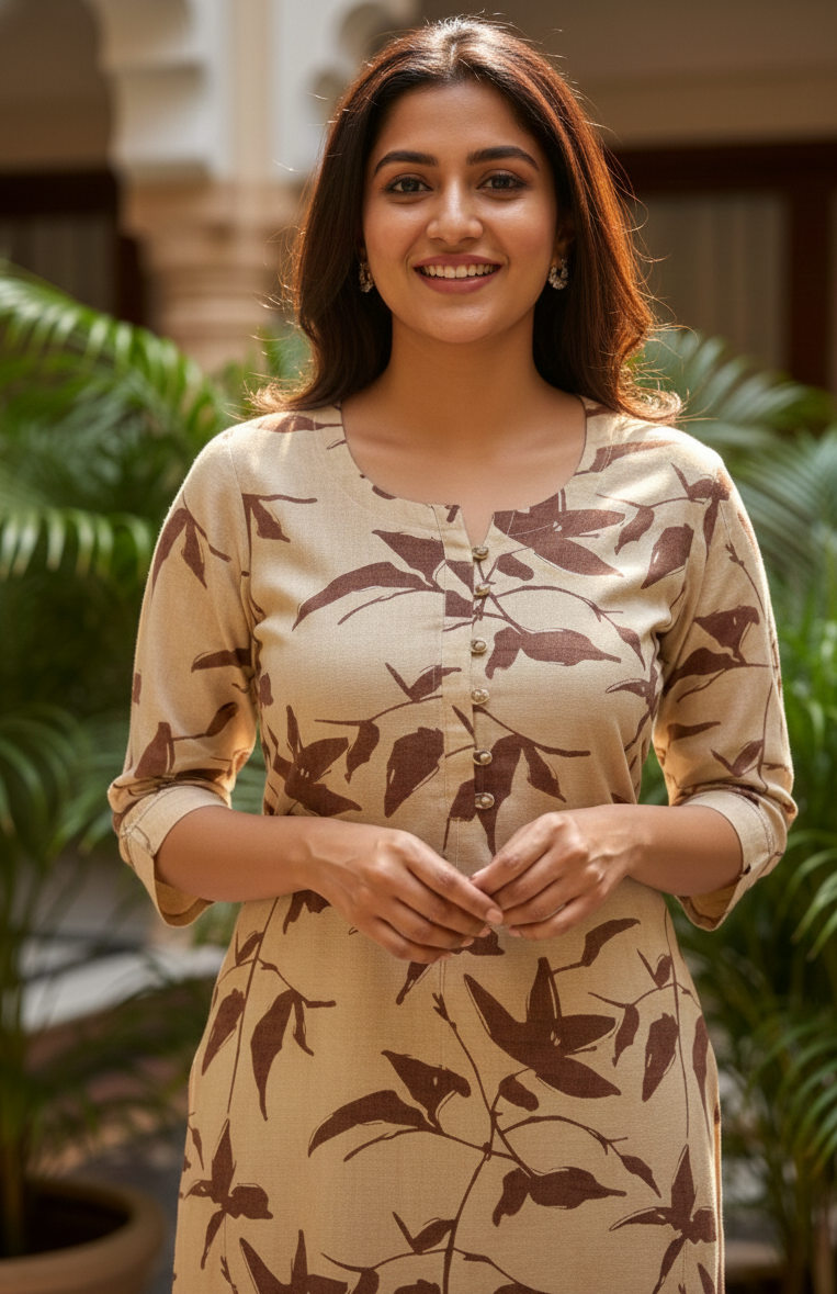 🤎EARTHY BROWN PRINTED COTTON KURTA SET