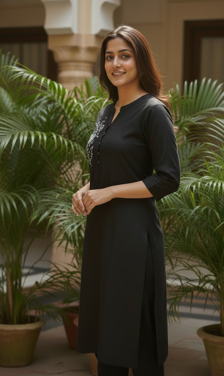 ✨ ESAARA SIGNATURE EMBROIDERED COTTON KURTA SET – BLACK (KURTA + PANTS)
