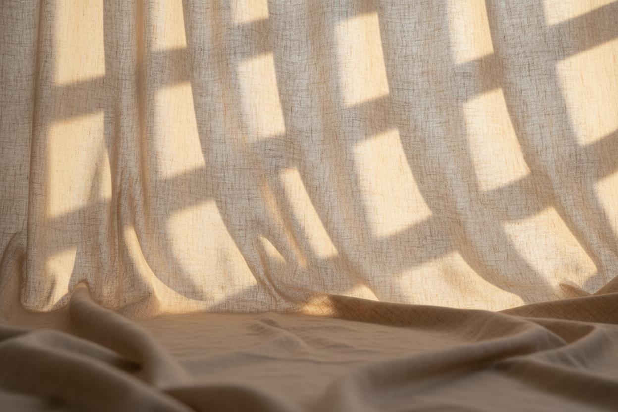 Create a high-conversion background image for a premium women’s ethnic wear website section titled “Wear It Your Way.”

The image should feel soft, elegant, and lifestyle-inspired, not promotional.

Scene & Mood:
– Minimalist, calm, editorial
– Warm natural daylight coming through a window
– Peaceful, everyday elegance

Visual Elements:
– Neutral-toned cotton or linen fabric with visible natural texture
– Soft folds and drape, breathable and organic
– Subtle shadows from window light
– No people, no faces, 
